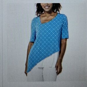 Nina Leonard Asymmetrical Blue Short Sleeve Top. NWT.